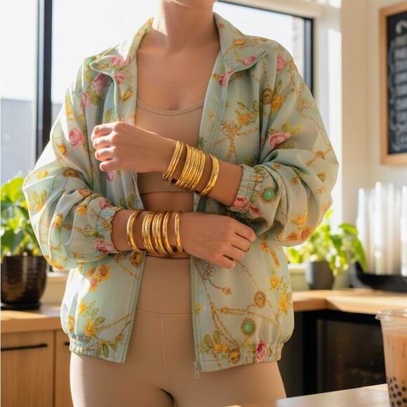 Vtg 90s Avon Style Floral Chain Print Silk Track Jacket Windbreaker Pastel Retro - Picture 14 of 14